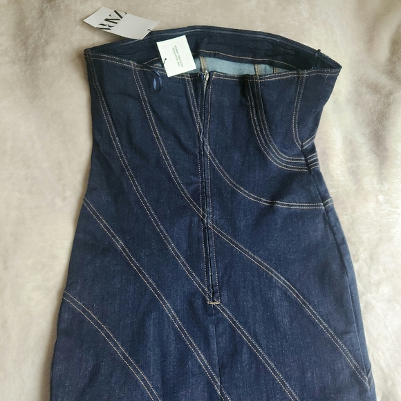 ZARA TOPSTITCHED Denim Midi Dress Dark Blue Sz XL. Nwt NO LOW BALLING!! - Picture 9 of 11
